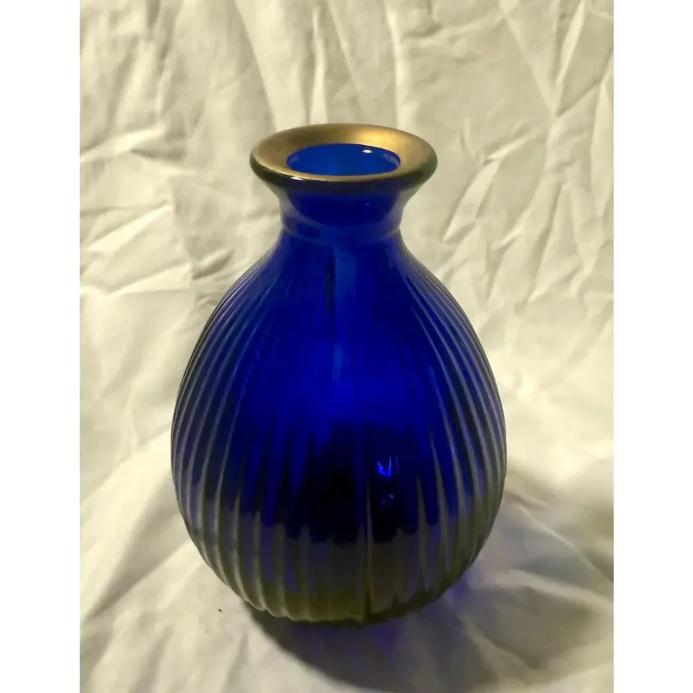 Vintage Cobalt Blue Ribbed Glass Vase | Gold Rim Art Deco Globe